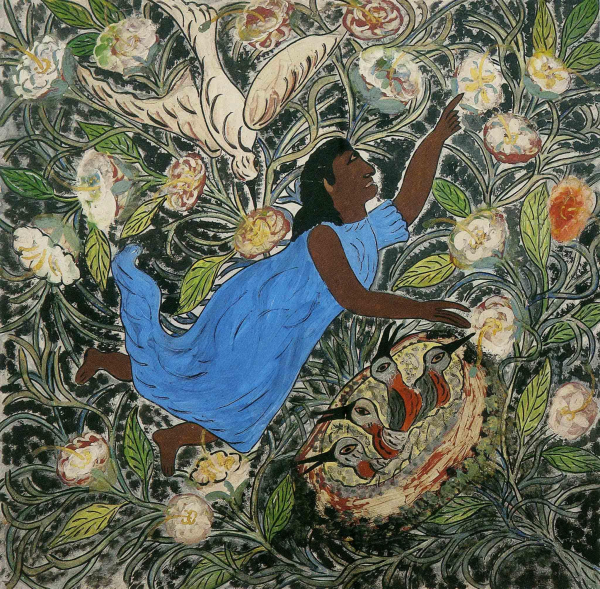 Painting of a Black woman in a blue dress flying through a conglomeration of white flowers and birds