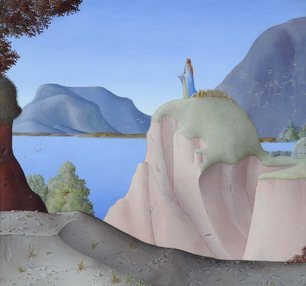 Painting of Sappho in a blue robe standing on a cliffside hill, next to a body of water with dark mountains in the background