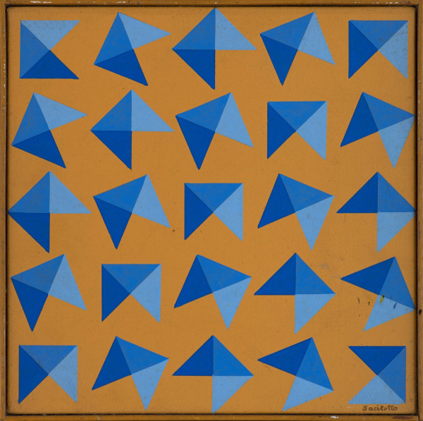 Painting of a series of blue triple-triangle formations arranged in a grid, each turning a slightly different direction over a mustard yellow background