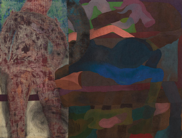 Assortment of painterly abstract forms in deep green, blue, and maroon hues gathered on the right of the composition. There is a semi-transparent outline of a seated figure on the left.