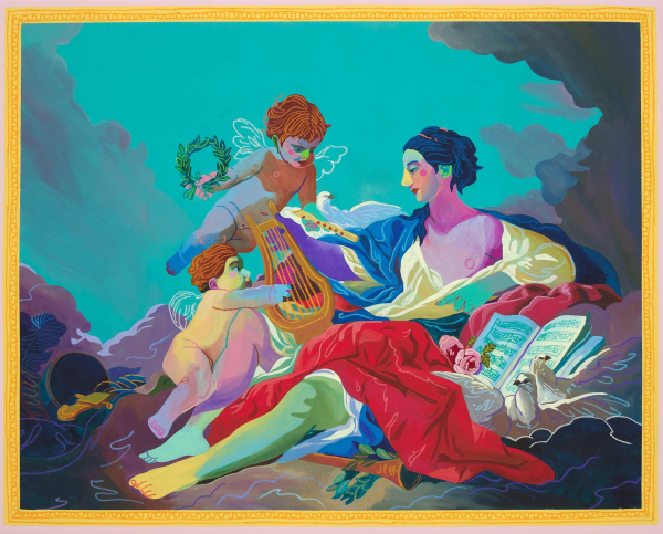 Colorful painting of a Classical scene with a figure wrapped in drapery reclining under a tree with two cherubs holding instruments and a laurel