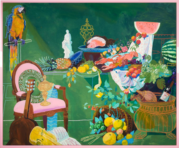 Still life painting of various fruits, instruments, pottery, and lobster in a green room