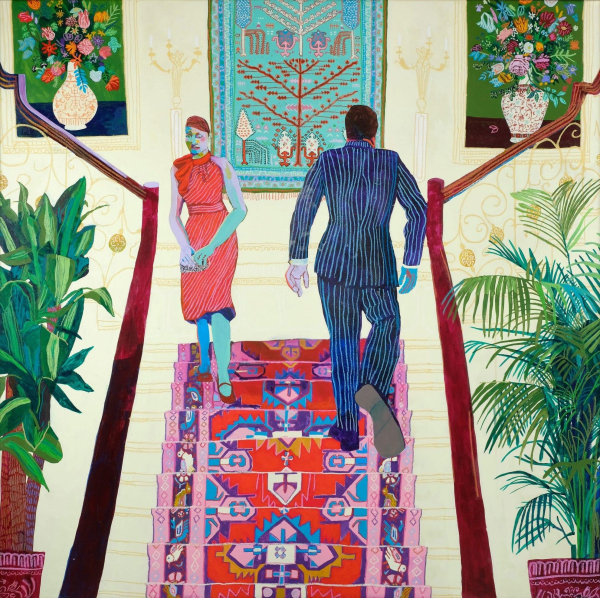 Painting of a man and woman passing each over on a central staircase in a room decorated with floral paintings, an ornately patterned carpet, and tall green plants