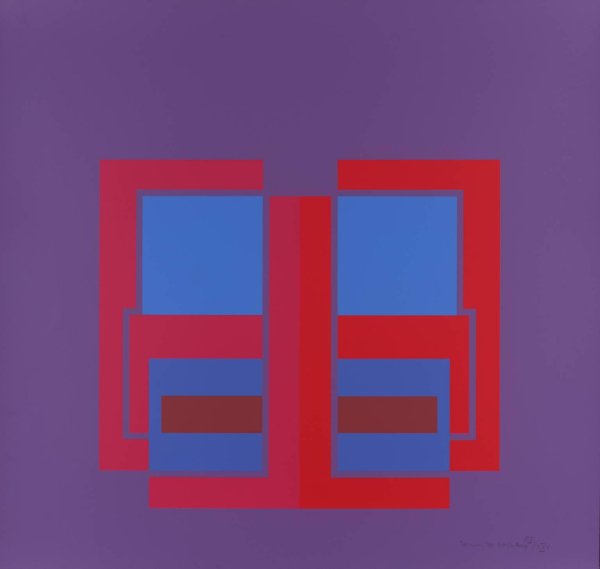 Symmetrical abstract composition of a series of pink lines and blue squares arranged to resemble a windowpane with the bottom dropping down past the frame, against a purple background