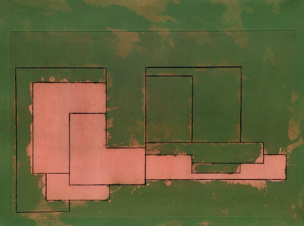 Abstract composition of a series of black outlines of rectangles and geometric shapes, floating against a painterly green background. Some of the shapes are filled in with messy peach color, splattering slightly under the outlines.