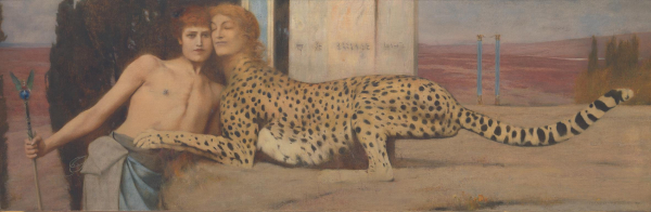 Painting of a young white man holding a staff, leaning his head against a creature with the head of a woman and the body of a leopard, in a brown and pink landscape