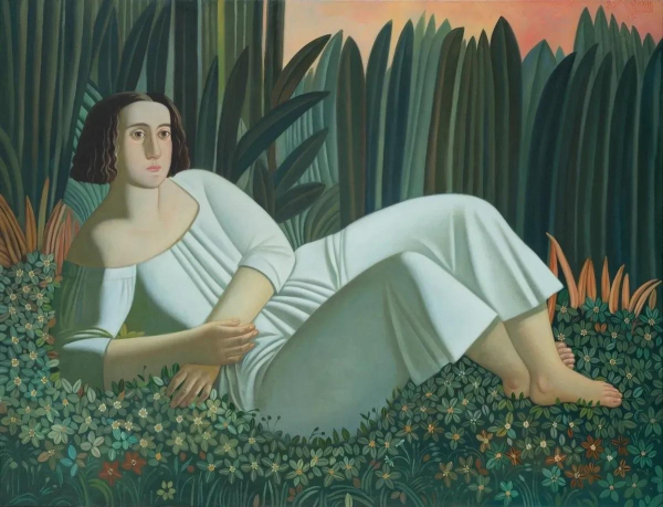 Painting in a slightly flattened, slightly exaggerated style of a fair-skinned woman with short dark hair wearing a white dress, lying in a field of flowers and tall grasses, leaning on her right elbow