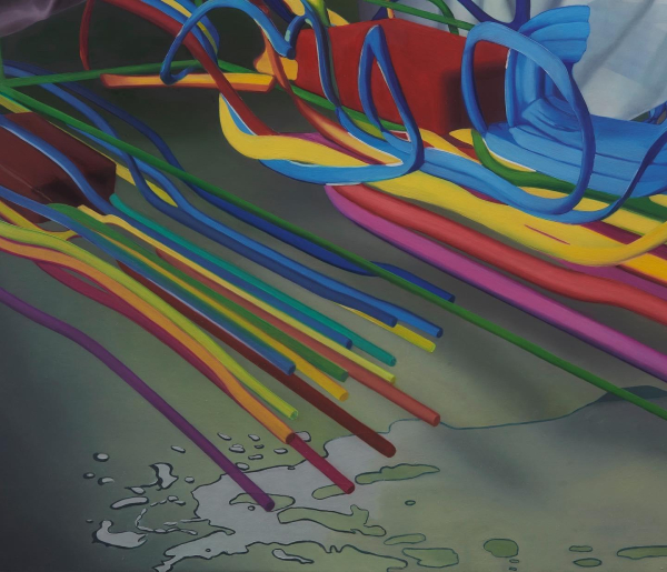 Painting of a series of brightly colored straws with some spilled liquid on the gray ground