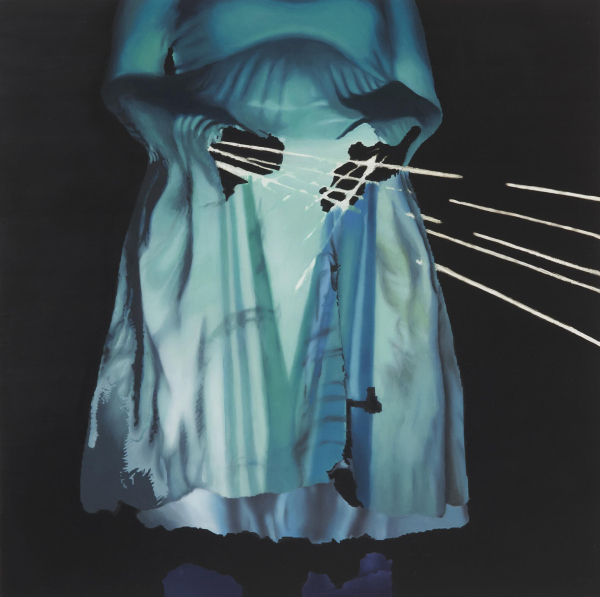 Photorealistic painting of a figure's torso wearing a blue dress with shards of white light erupting from their sleeves against a black background