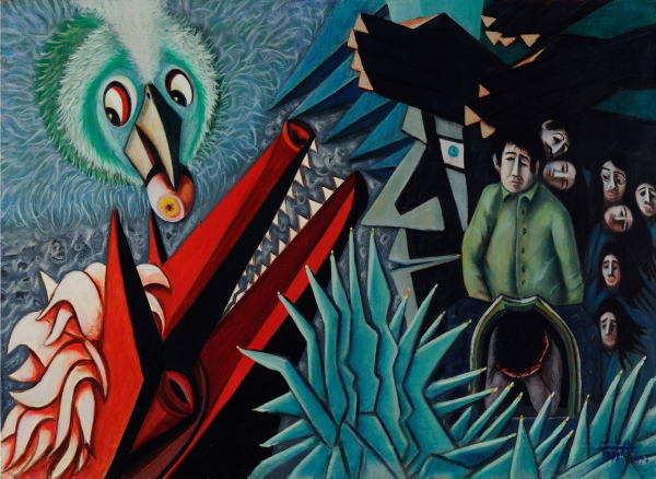 Surrealist style painting of a bird figure behind pink and green foliage and a pointed red structure, with a group of figures crowded next to a sharply rendered building off to the side