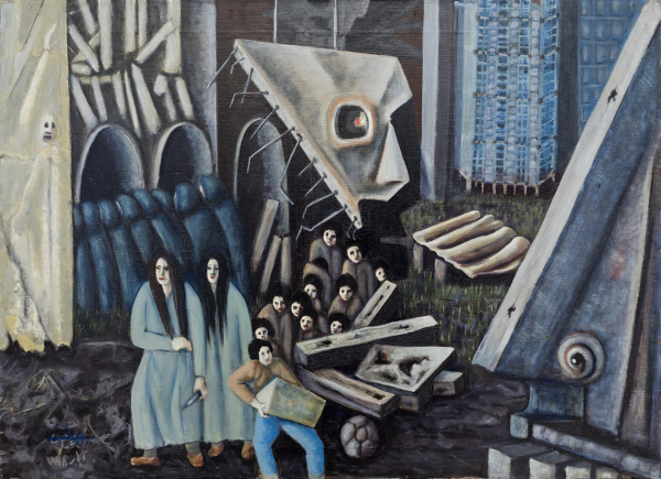 Surrealist style painting in a muted grey and blue palette, depicting a group of people huddled within a hostile and crumbling industrial landscape, holding large cement forms