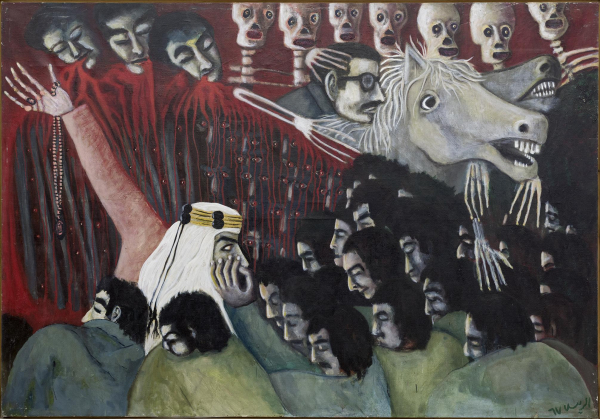 Surrealist style painting depicting a group of people clustered together around a religious man with his arm raised high. Behind them are skeletons reaching out their arms and two horses with wild eyes.