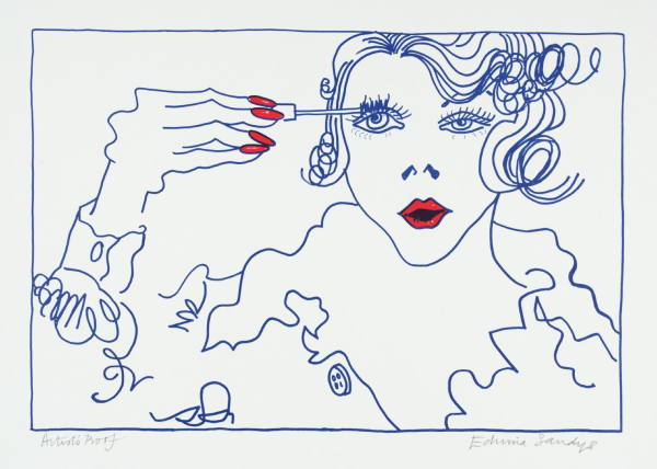 Print of a simple blue line drawing of a woman with curly hair and red lipstick and nails, applying mascara