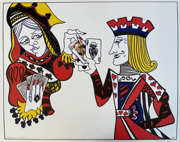 Print of a queen and jack in the style of playing cards, with the queen coyly pulling a jack card from the jack's hand