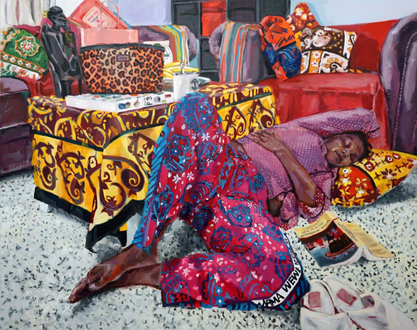 Painting of a Black woman in a bright pink and purple outfit, lying down sleeping on a white carpet, an open book and slippers on the floor next to her. The room is filled with cushy, colorful, patterned pillows, couches, and blankets.