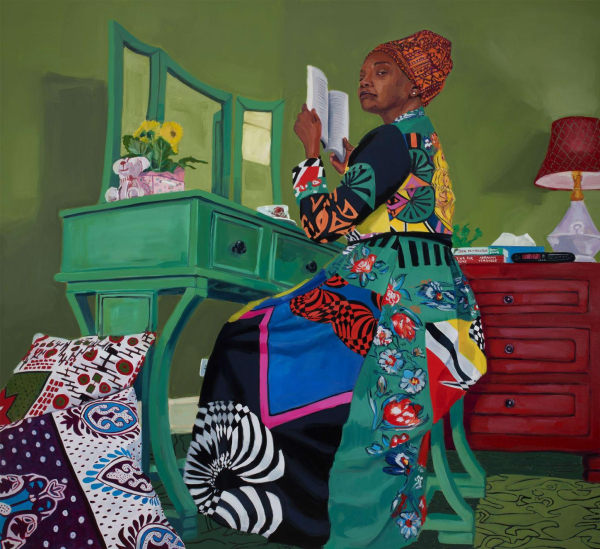 Painting of an older Black woman wearing a long multi-patterned dress and orange head wrap, sitting at a green vanity holding a book in her hands. The room is decorated with green walls and carpet, colorful pillows, and a wooden end table. The angle is from slightly below, and she looks knowingly at the viewer