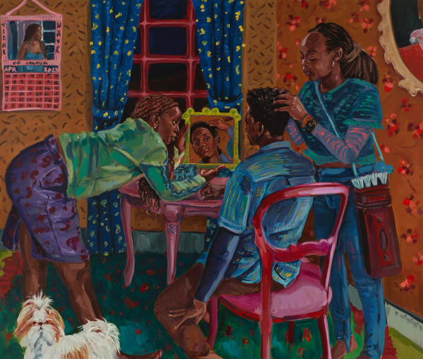 Painting of two Black women standing over a young man sitting at a small pink table. One woman holds a mirror in front of him and the other works on his hair. The room is decorated with patterned wallpaper, curtains, and carpet, and a small fluffy dog looks out from the lower left corner.