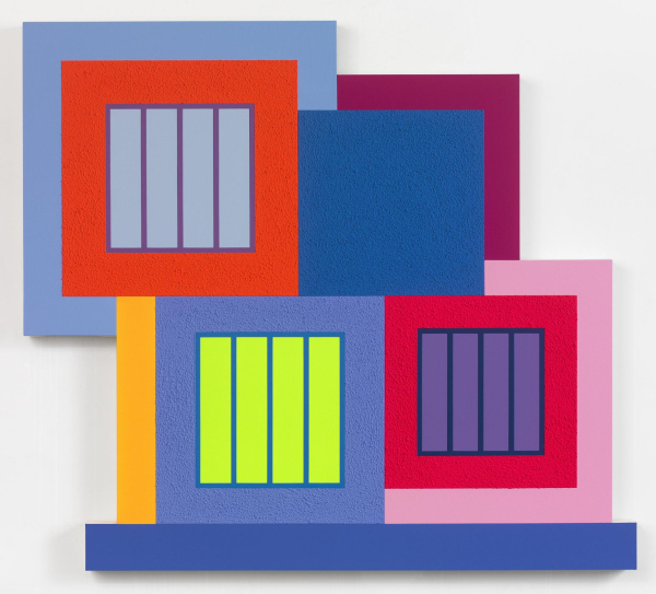 Abstract painting using day-glo paint, with shades of pink, blue, orange, and neon green, depicting several inset squares, some with vertical lines resembling bar windows. The canvas is shaped around the grouping of squares, with several zig-zag edges