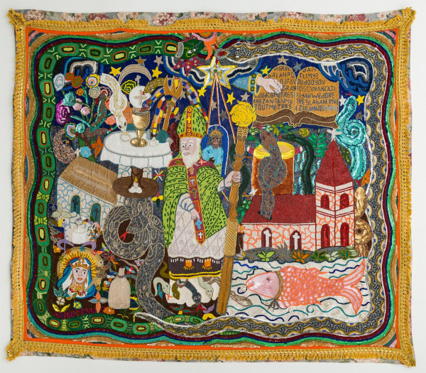 Hanging beaded textile work illustrating a scene with a bishop, a church, snakes and various motifs from the bible and Catholic iconography