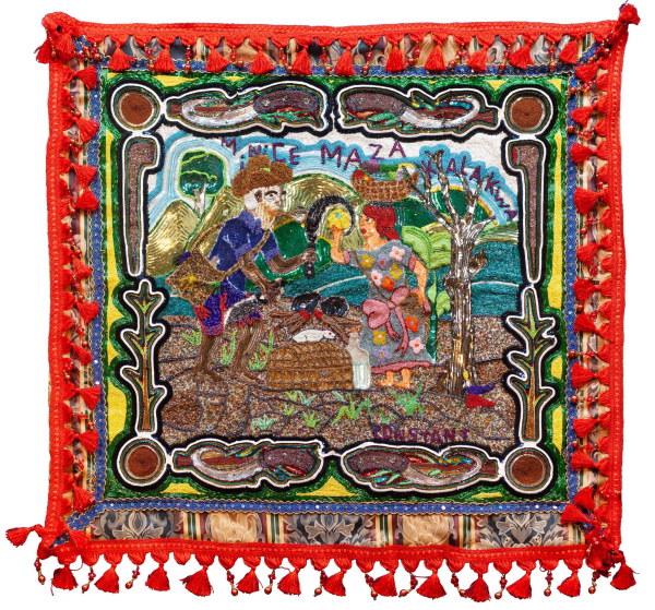 Hanging beaded textile work illustrating a scene with a man and a woman in a field