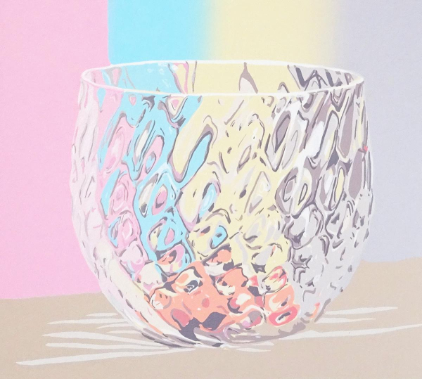 Print of a round squat drinking glass with a pattern of oval shapes sitting on a yellow surface with soft pink, blue, and yellow stripes behind it, the colors reflecting and refracting in the glass