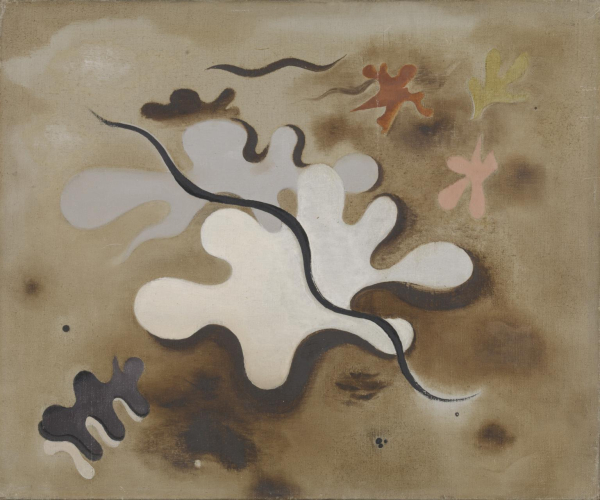 Abstract painting of curving biomorphic forms and swirling lying on a sandy background