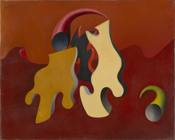 Abstract painting of curving biomorphic forms in yellow, green, and pink, against a dark red-orange background resembling a mountain landscape