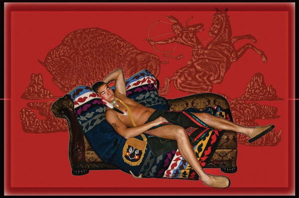 Collage composition with a warrior figure sleeping on a couch on top of a patterned blanket against a red background showing an illustration of a man on a horse shooting at a buffalo with bow and arrow. 