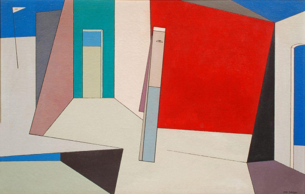 Semi-abstract painting of a jumble of walls and doors at different angles, in flat planes of red, blue, and cream, and a slim rectangle figure with an eye standing in the center