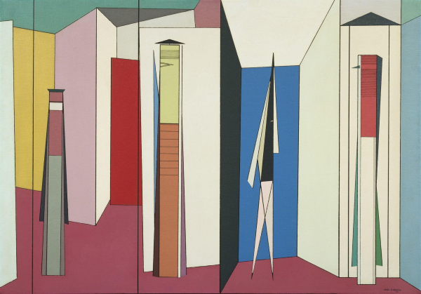 Semi-abstract painting of a jumble of narrow walls and doors, in flat planes of red, blue, pink, and white, and a few slim rectangle figures with eyes standing across the composition