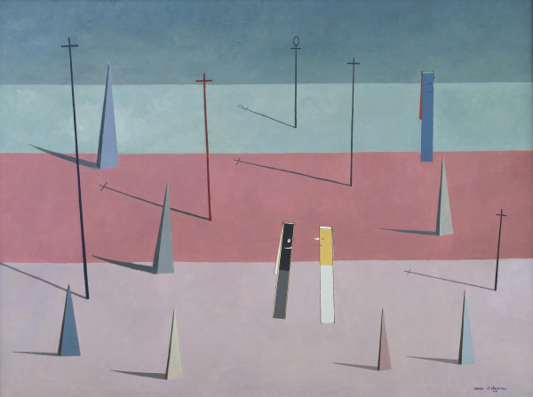 Semi-abstract painting of a large ground with pink and teal stripes. A series of tall, narrow pyramids and tall, skinny crosses stand across the plane casting long shadows. Two small narrow rectangles with faces stand facing each other near the center, casting no shadows.