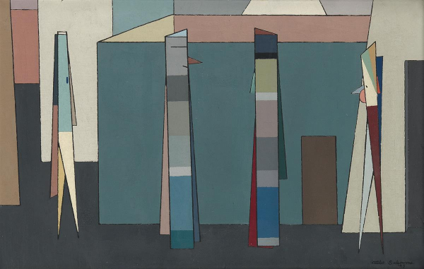 Semi-abstract painting of a series of walls and doors, in flat planes of teal, grey, and cream, and a group of slim rectangle figures with eyes and noses standing in the foreground