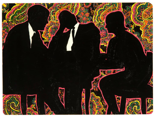 Painting of three figure silhouettes - two men in suits and a woman with flippy hair - sitting and talking around a table against a psychedelic paisley background