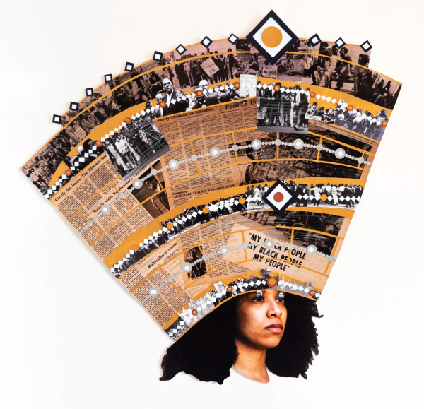 Collage of a Black woman wearing a large headdress composed of newspaper text and images 