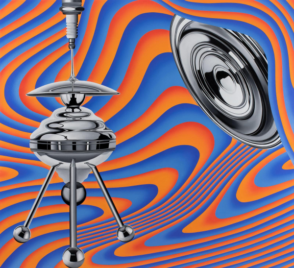 Painting of two shiny metallic forms floating against a swirling psychedelic background in orange and blue