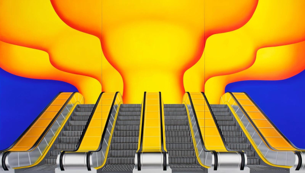 Painting of four escalators leading up to large spouts of bright yellow and orange clouds, against a blue background