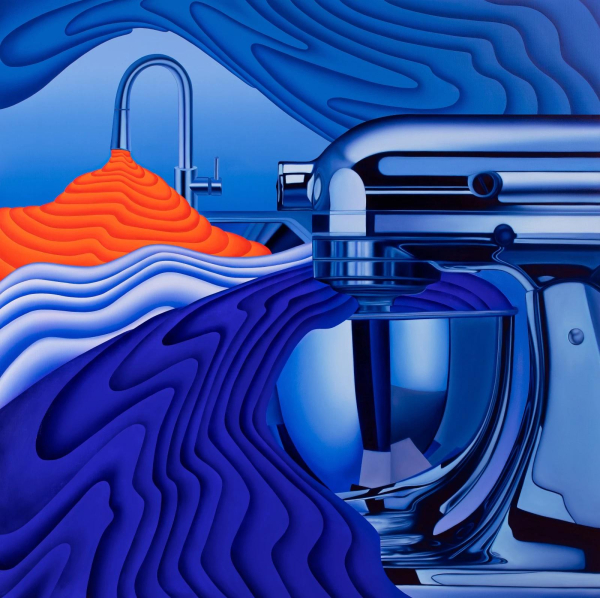 Painting of shiny metallic kitchen devices spouting swirling blue and orange material