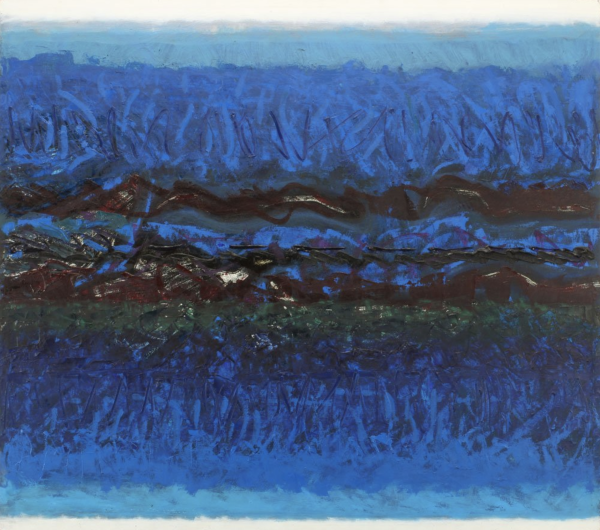 Abstract landscape with horizontal stretches of blue, brown, and deep green