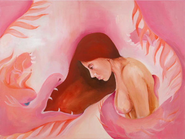 Painting in a pink and red palette of a woman wrapped in a dragon's tail, her long dark hair being pulled into its mouth