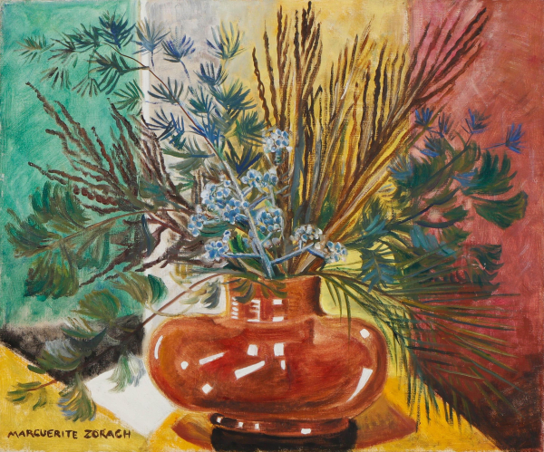 Floral still life painting of a green bouquet in a squat red vase, against a striped background in red, green, yellow, and white