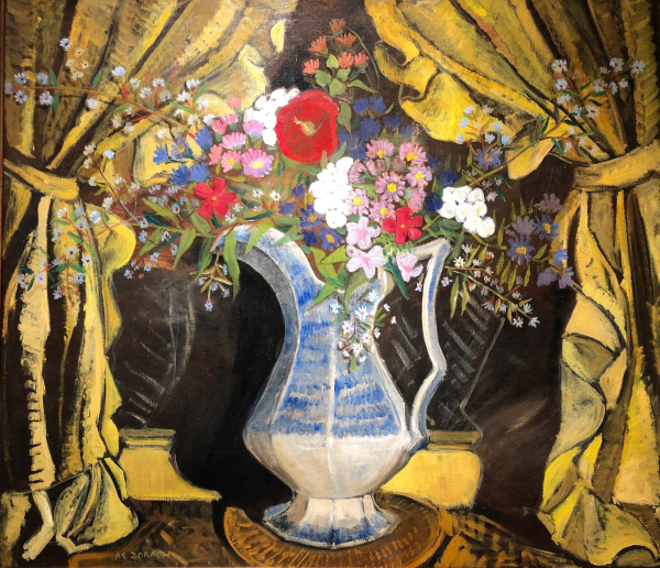 Floral still life painting of a bouquet in a white ceramic jug, surrounded by gold curtains