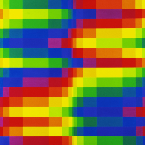 Concrete composition of horizontal rows made up of colored rectangles in bright flat colors, creating an energetic left-right flow of red, yellow, blue, and green