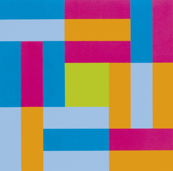 Concrete composition of several rectangles of different sizes positioned around a central green square, all in a bright palette of blue, pink, and orange.