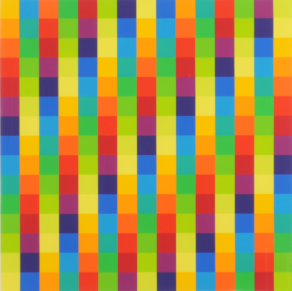 Concrete composition of vertical columns made up of colored squares, each column forms a rainbow gradient, alternating moving upwards or downwards