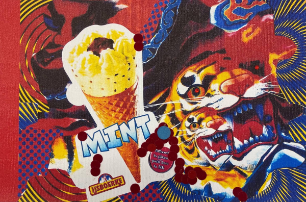 Collage image of roaring tigers, an ice cream cone, and a psychedelic background