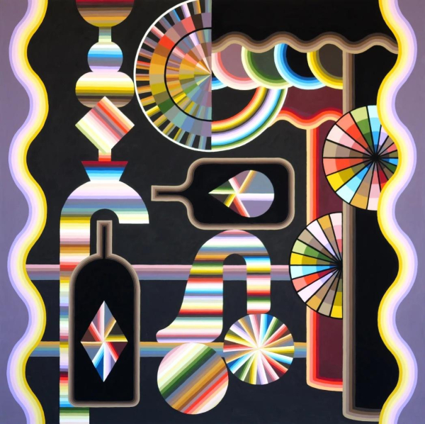 Composition against a black background of various colorful geometric shapes connected through pipes and circles