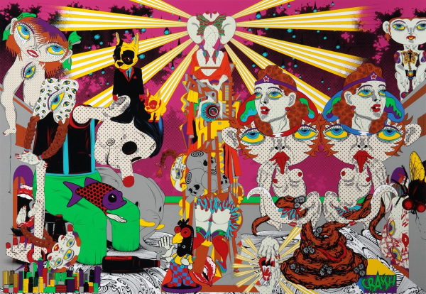 Collage-like image with various composite figures with body horror elements in bright colors