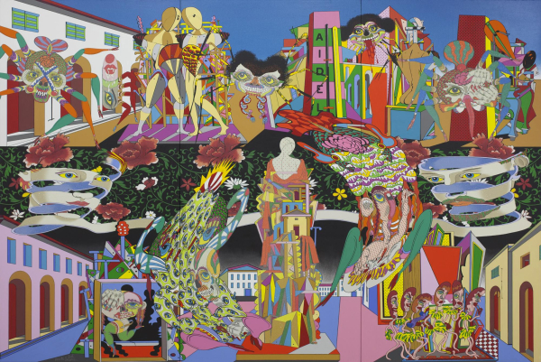 Collage-like image with various composite figures and Surrealism references in bright colors