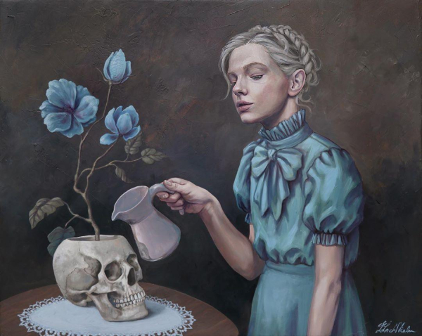 Painting of a young blonde white woman in a high-necked blue dress, holding a white pitcher over a human skull planter with blue flowers growing from the hole cut into its top