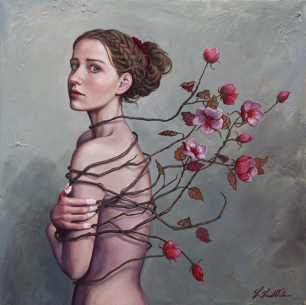 Painting of a young white woman standing in profile holding her arms around her upper body, with pink flowers wrapping their stems around her torso, arms, and neck and seeming to pull themselves upward